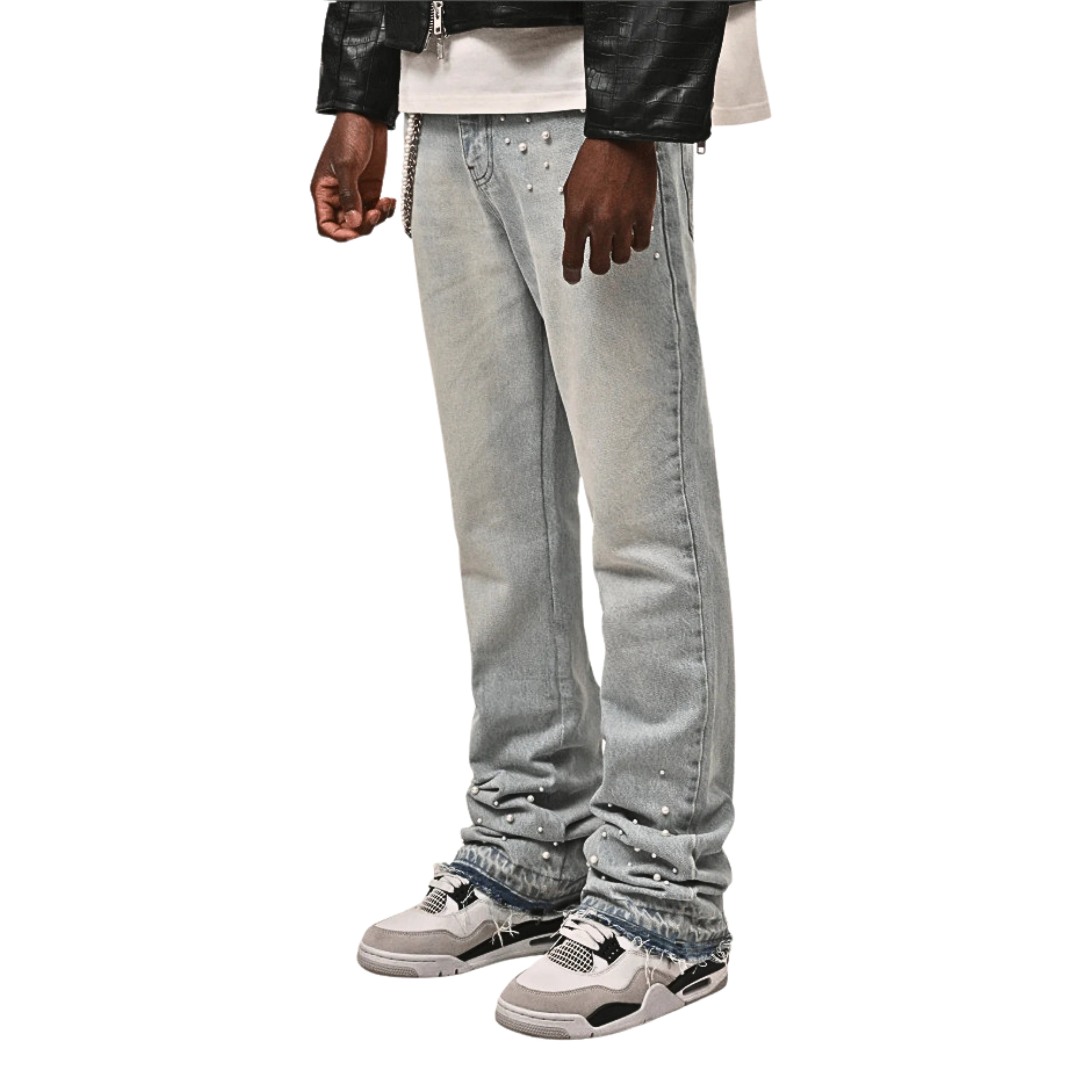 Elegante PERLA Denim Jeans: Perlenbesatz, Metallkette, lässiger Straight Fit