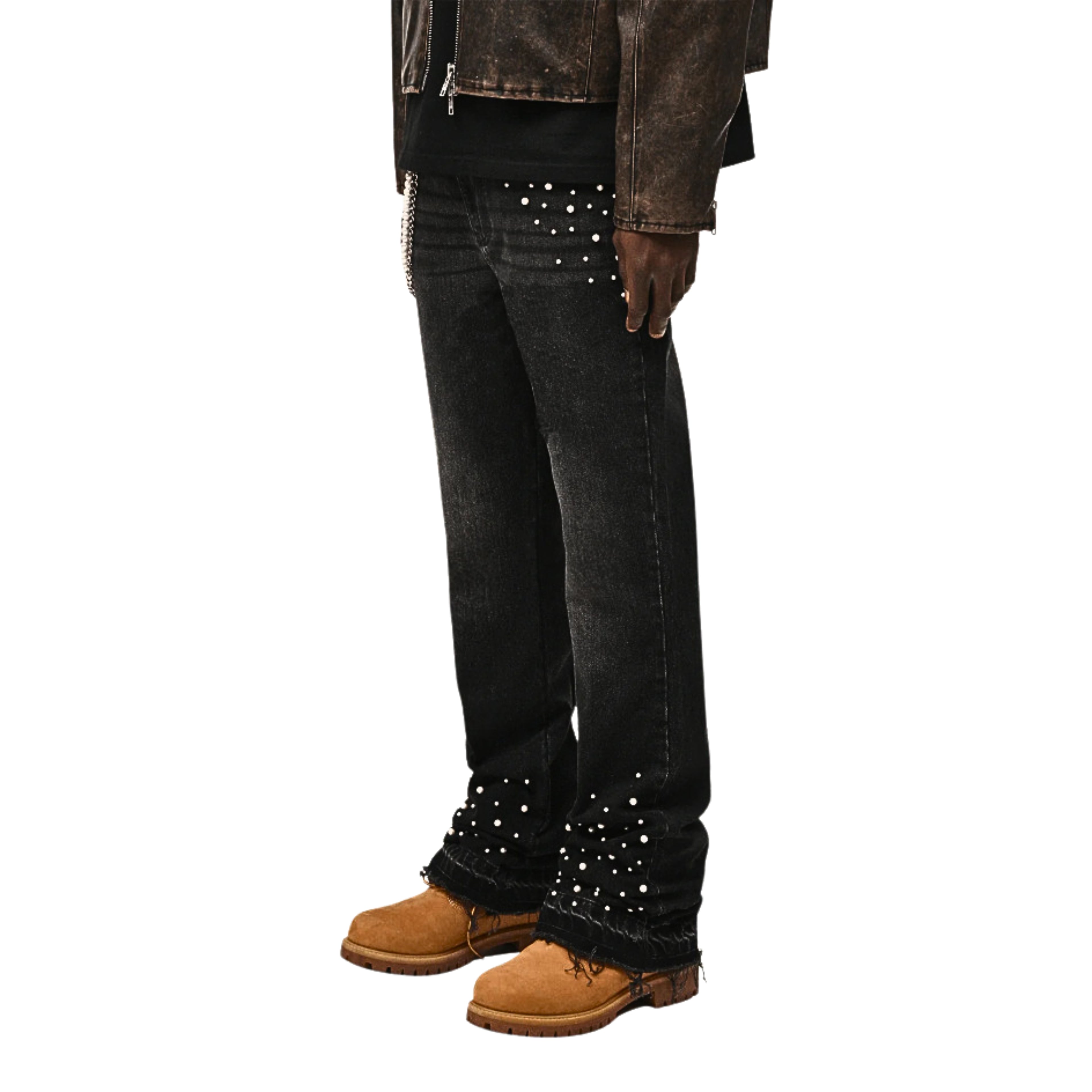 Elegante PERLA Denim Jeans: Perlenbesatz, Metallkette, lässiger Straight Fit