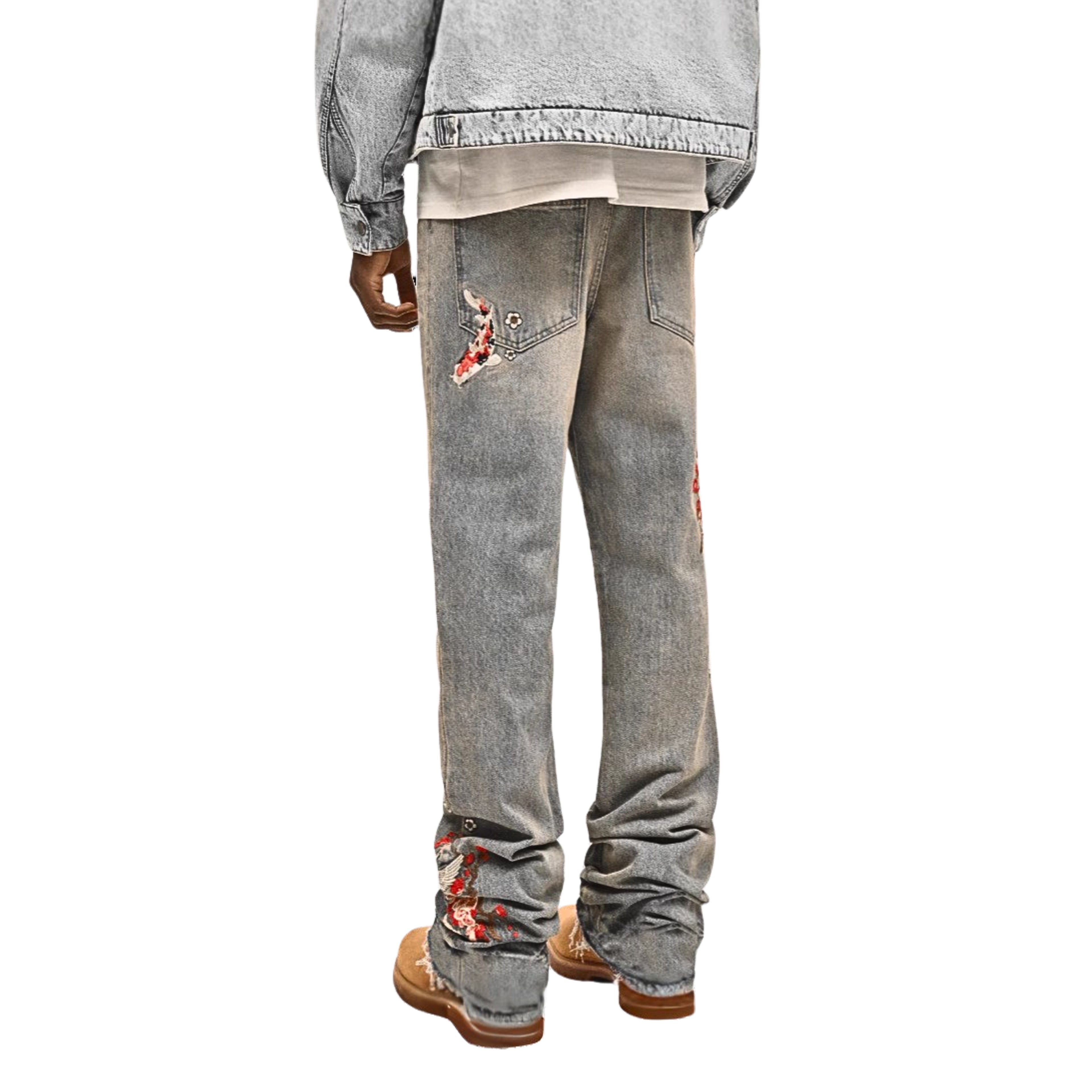 Fiorella Vintage Denim Jeans: Blumenstickerei, Vögel, lockere Passform, 100% Baumwolle