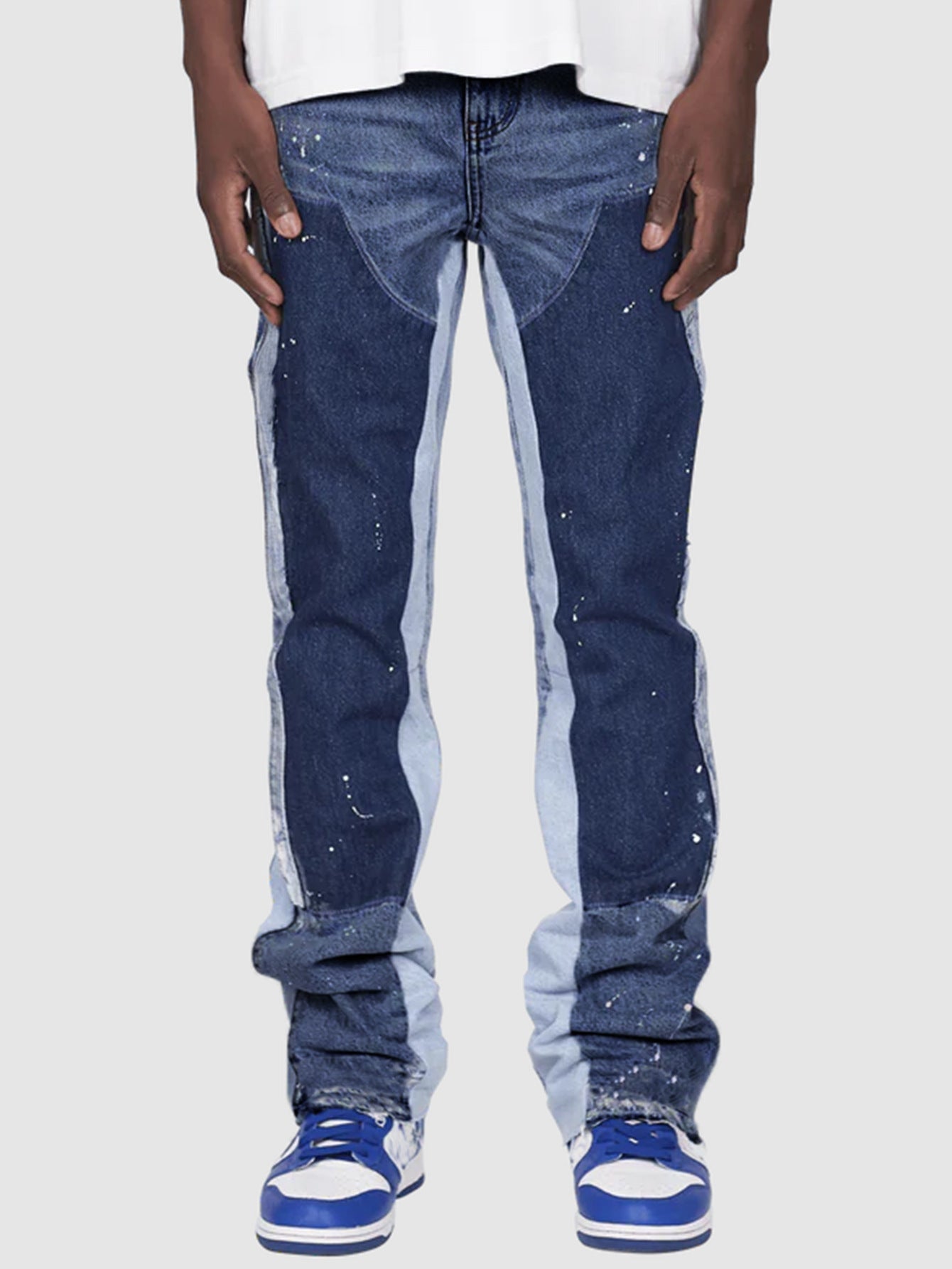 MOSTIN Flared Carpenter Jeans: Lockerer Schnitt, Baumwolle, Schwarz/Blau mit Farbspritzern