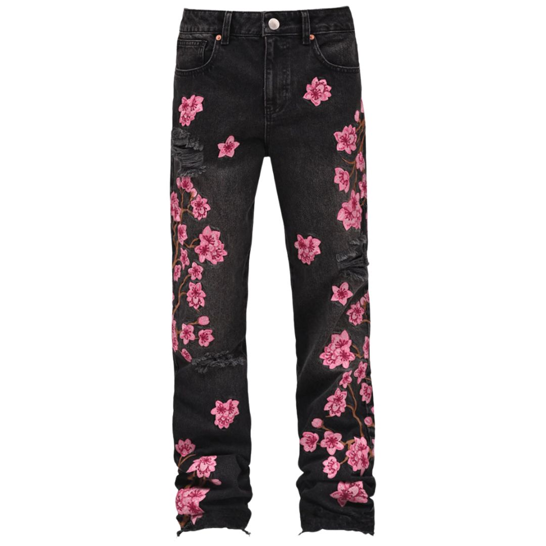 Hochtaillierte Schwarze Jeans mit Rosa Blumenstickerei und Distressed-Details