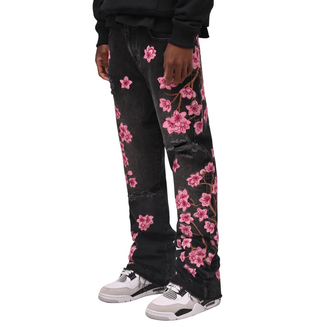 Hochtaillierte Schwarze Jeans mit Rosa Blumenstickerei und Distressed-Details