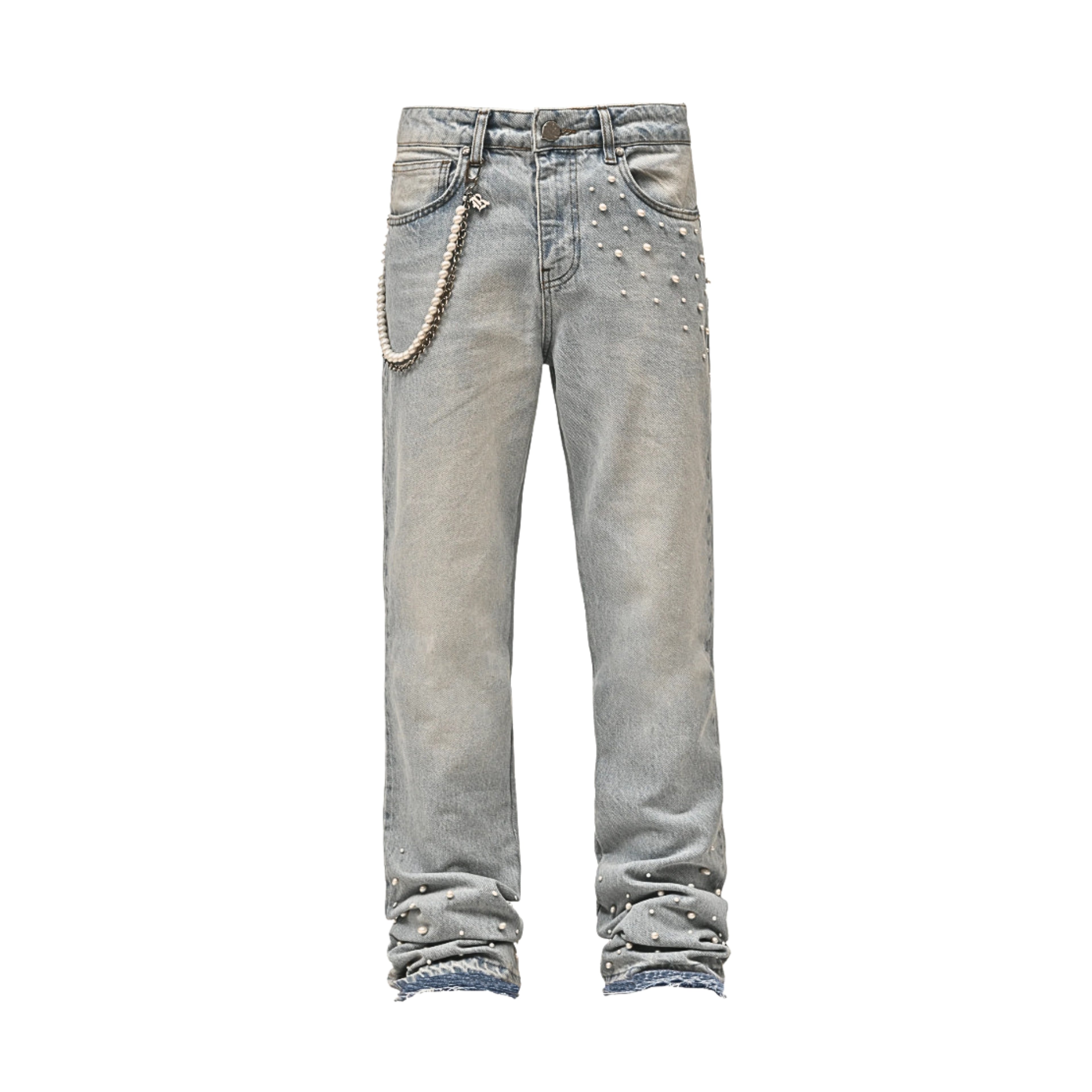 Elegante PERLA Denim Jeans: Perlenbesatz, Metallkette, lässiger Straight Fit