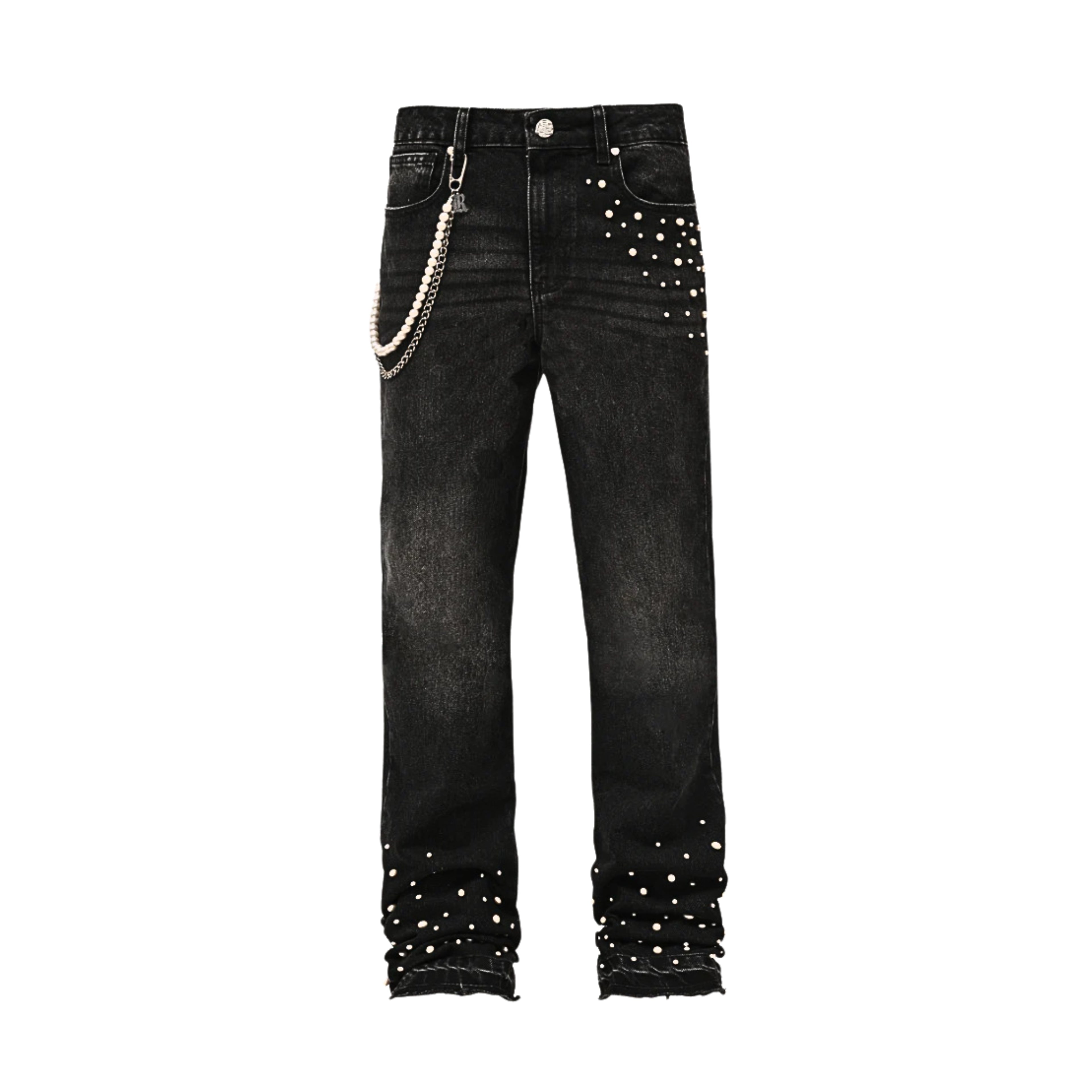 Elegante PERLA Denim Jeans: Perlenbesatz, Metallkette, lässiger Straight Fit