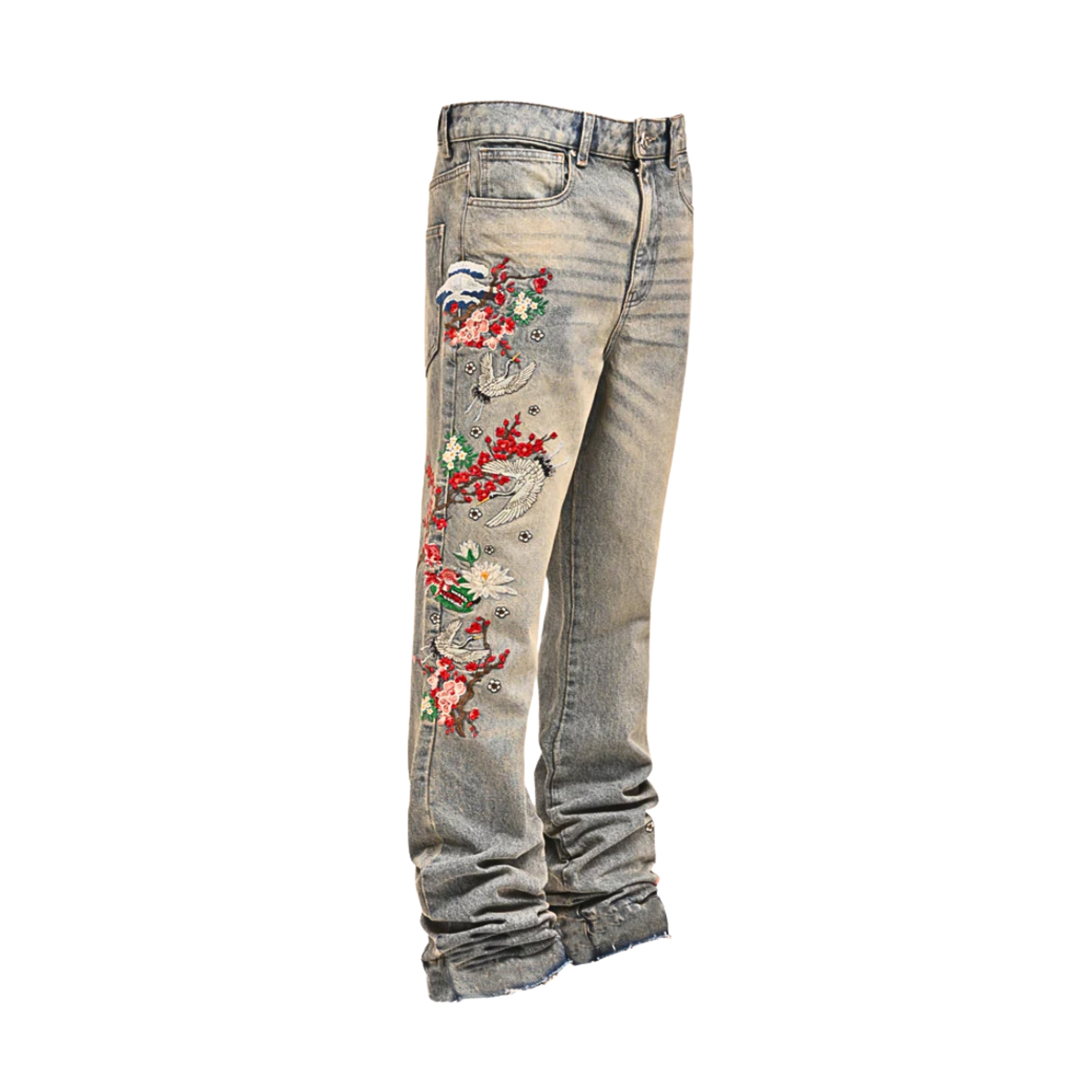 Fiorella Vintage Denim Jeans: Blumenstickerei, Vögel, lockere Passform, 100% Baumwolle