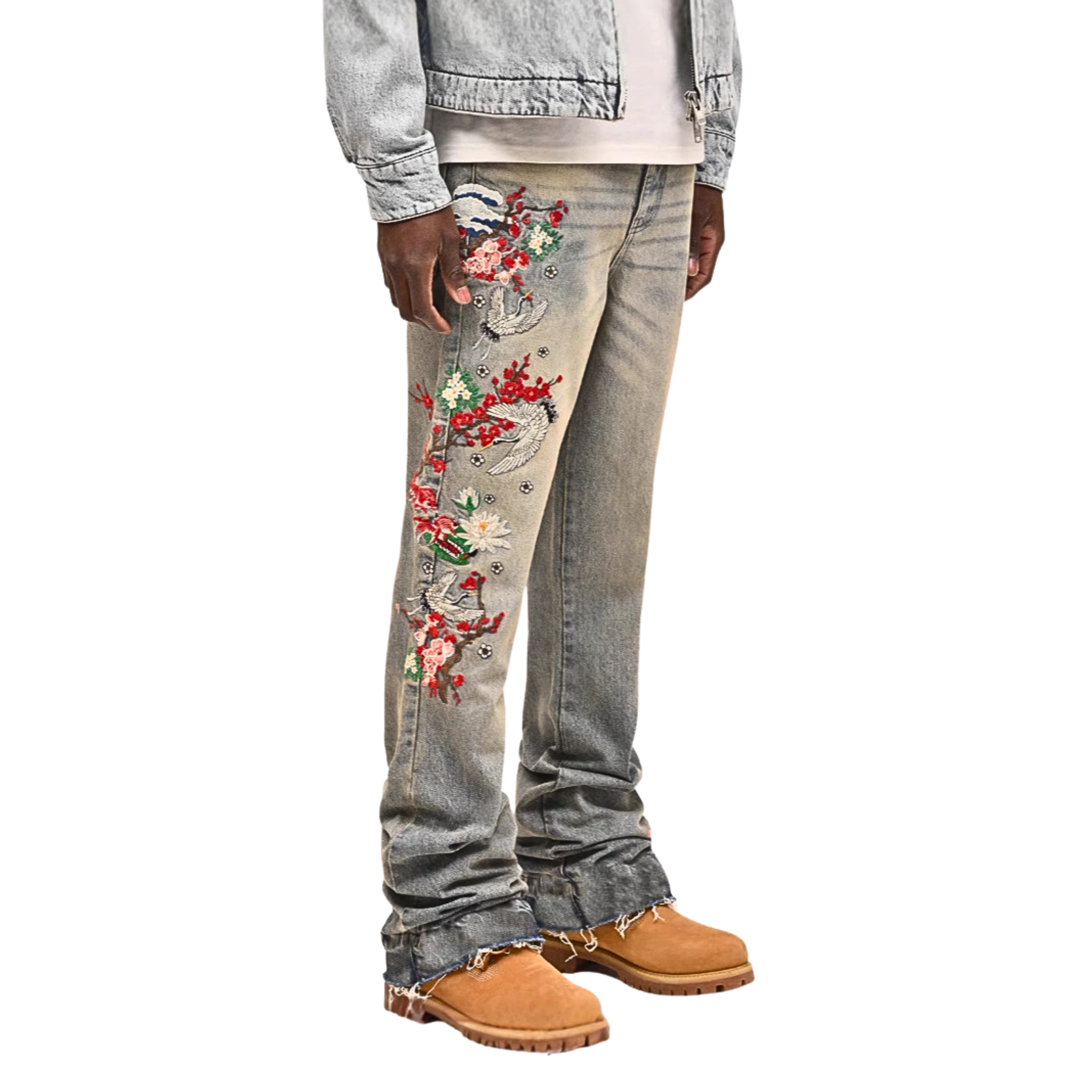 Fiorella Vintage Denim Jeans: Blumenstickerei, Vögel, lockere Passform, 100% Baumwolle