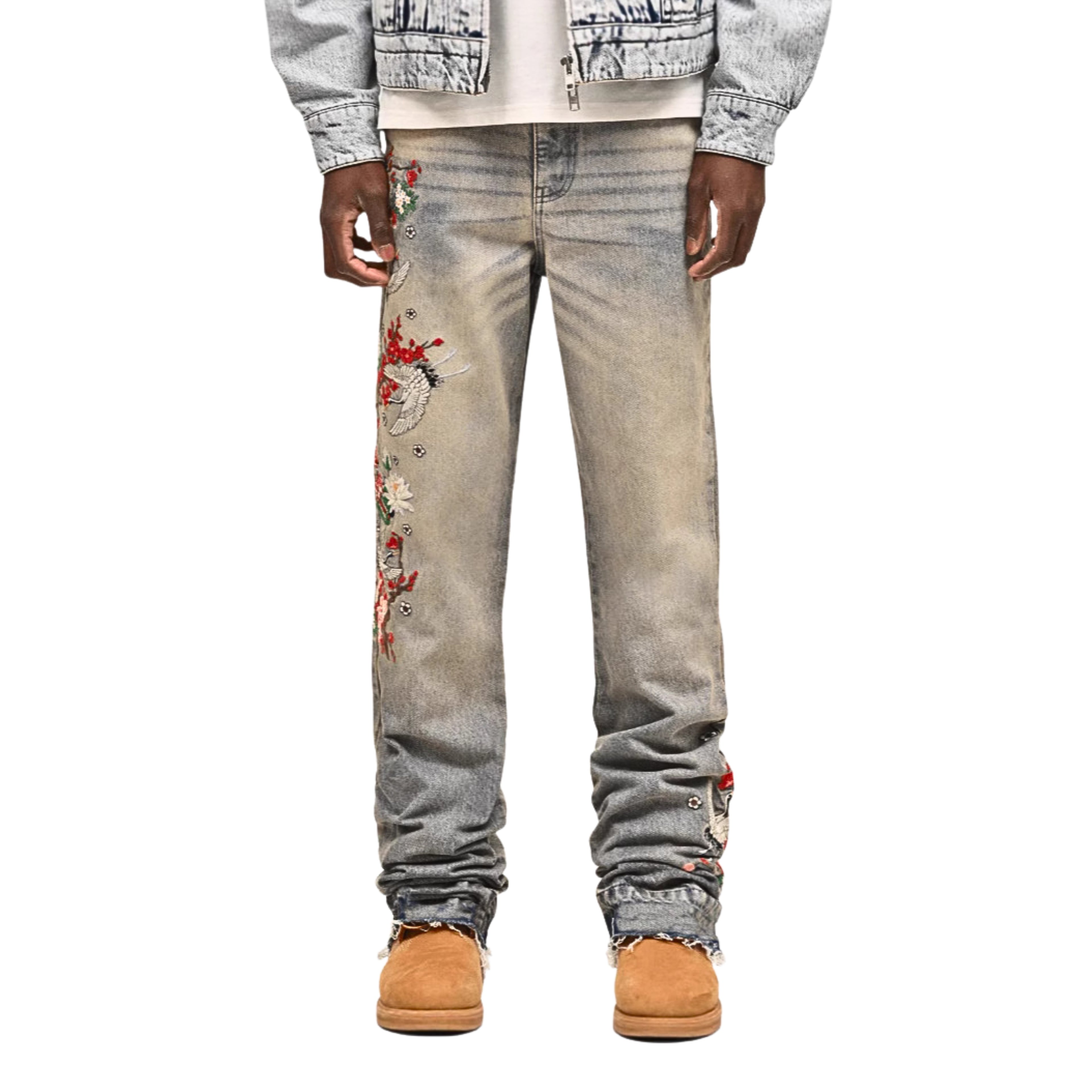 Fiorella Vintage Denim Jeans: Blumenstickerei, Vögel, lockere Passform, 100% Baumwolle