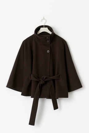 Eleganter brauner Cape-Mantel mit Bindegürtel und weiten Ärmeln