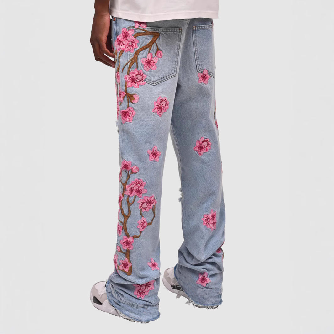 ROSES BLAU High-Waist Denim Jeans mit Blumenstickerei & Distressed-Details Damen