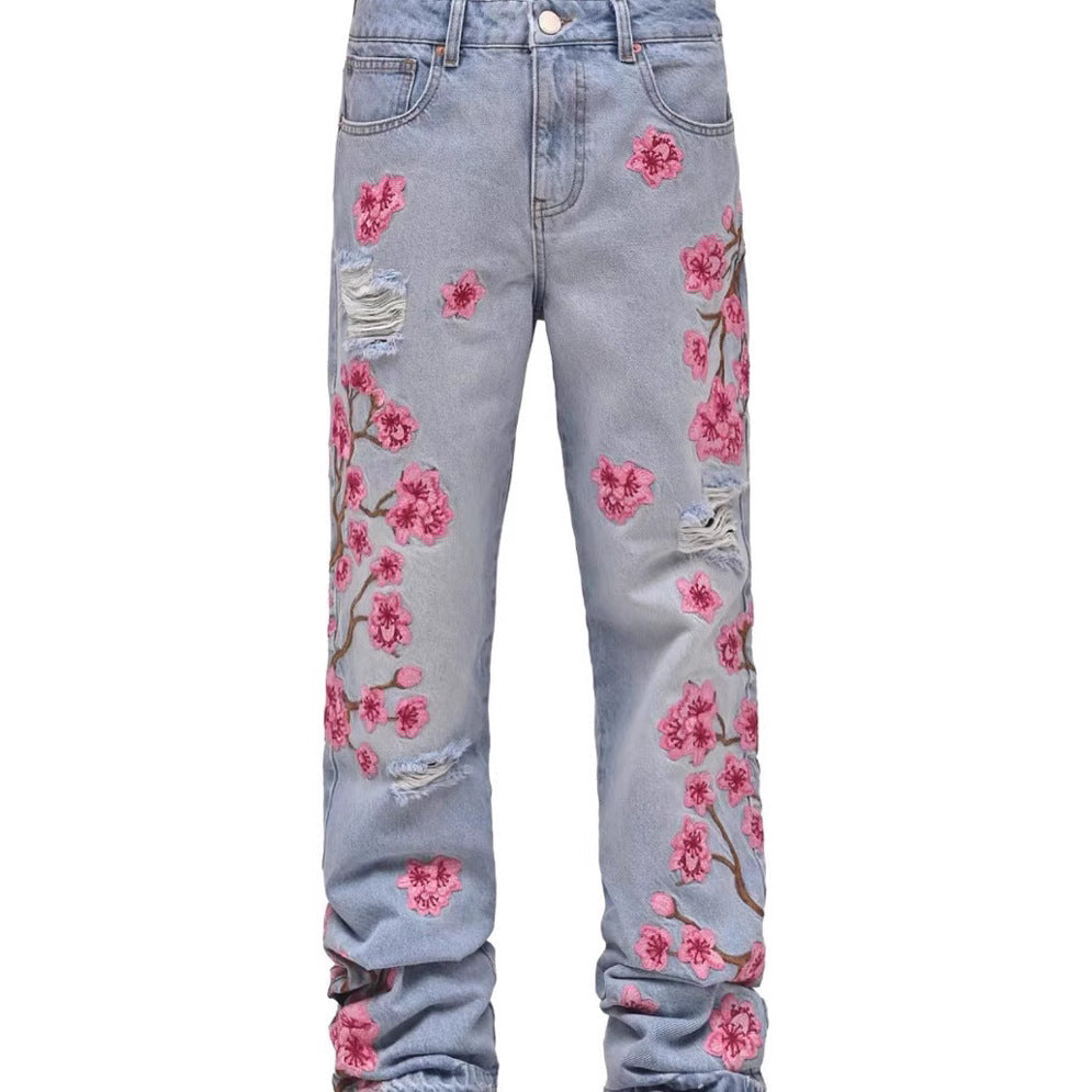 ROSES BLAU High-Waist Denim Jeans mit Blumenstickerei & Distressed-Details Damen