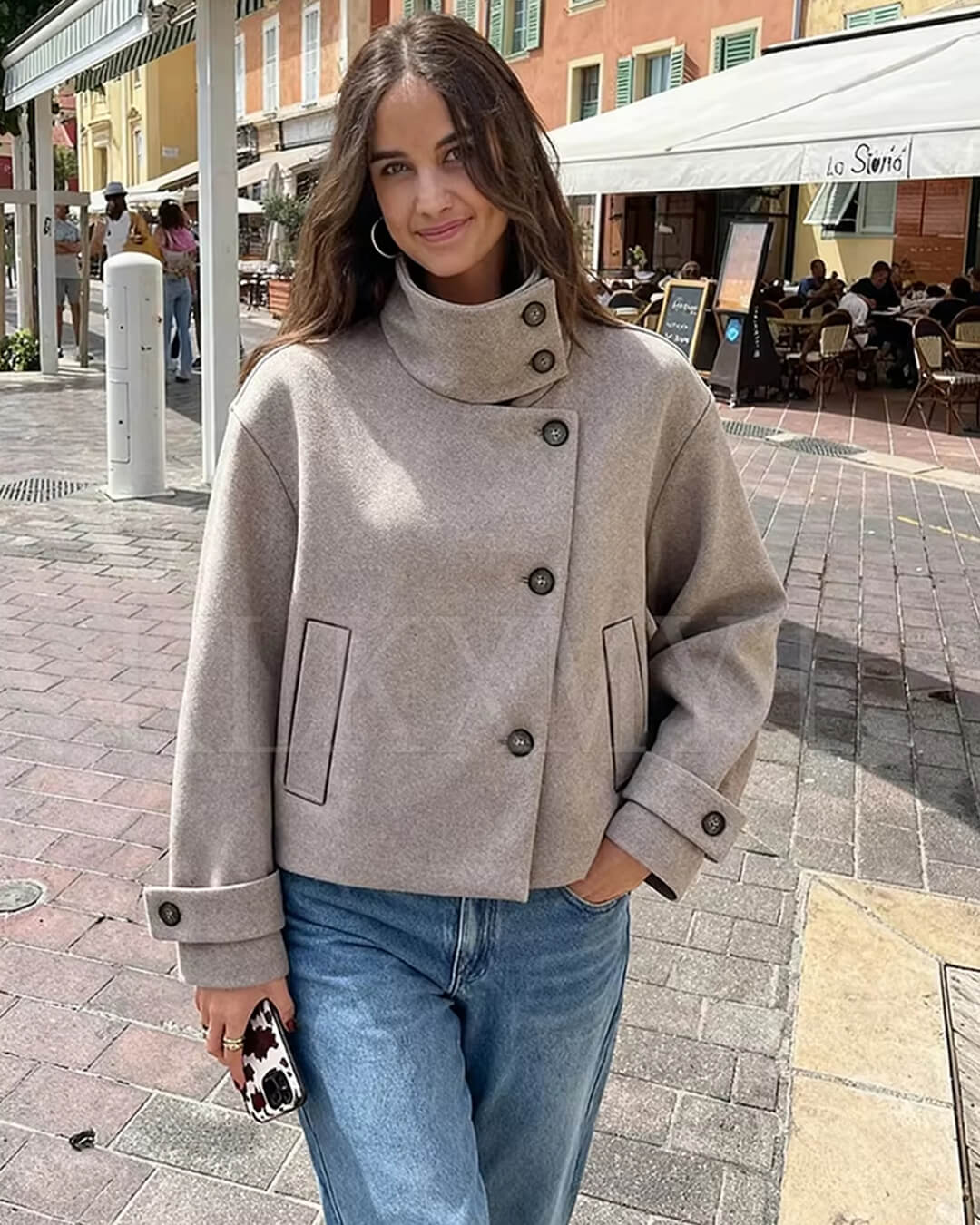 Elegante SOERA Ramona Damen Jacke Beige Stehkragen Einreihig Herbst